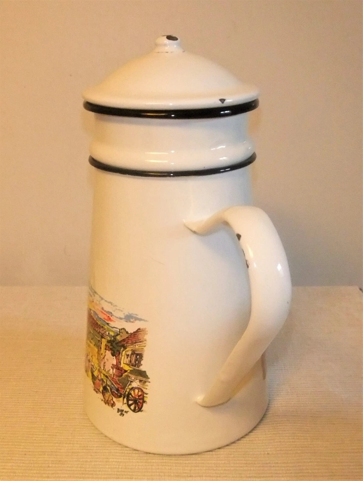 ANTIQUE SCREEN PRINTED PORCELAIN ENAMEL COFFEE MAKER OR TEAPOT