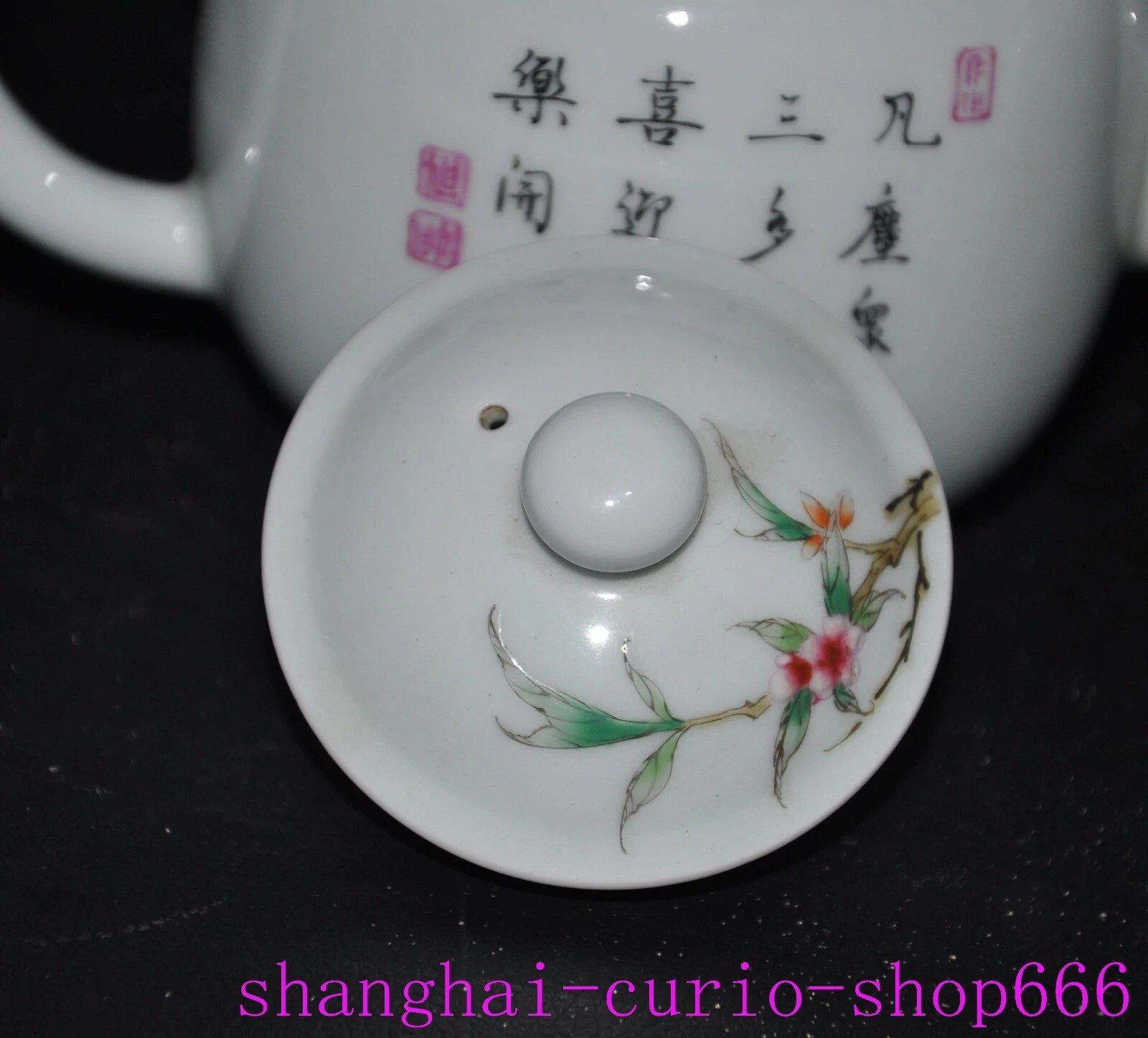 6"China Qing Yongzheng enamel porcelain shoutao Peach text Tea set Teapot statue