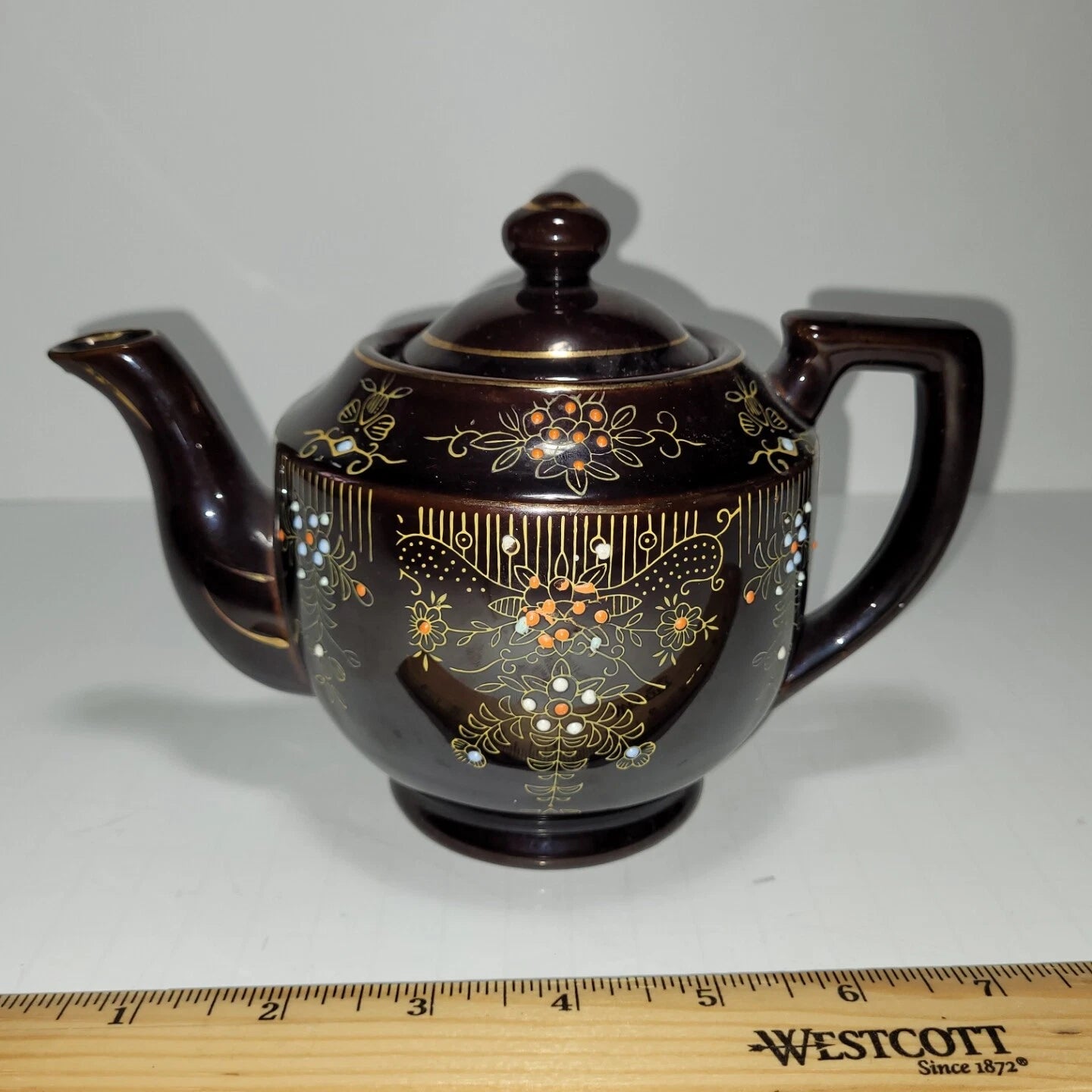 Vintage Moriage Style Teapot Redware Brown Raised Enamel Hand Painted Japan