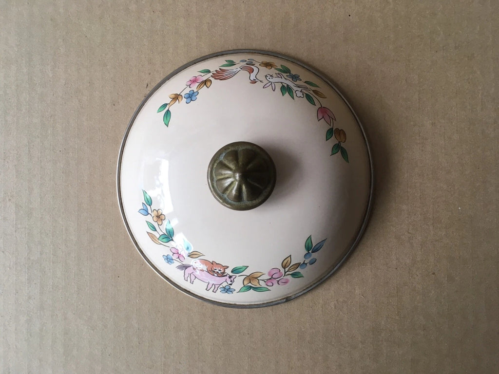 Vintage Enamelware Teapot w/Dutch Farm Scene & Wooden Handle, 9" Ht, 7 1/8" Diam