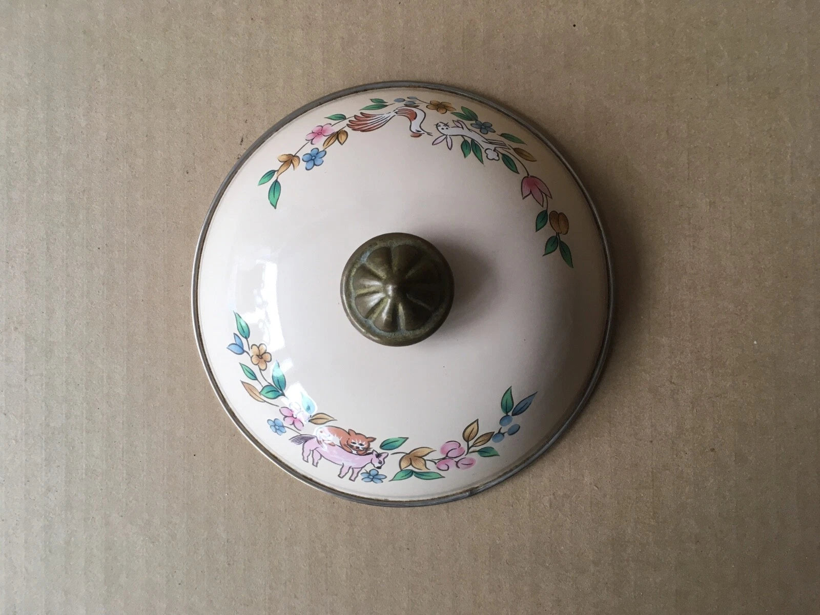 Vintage Enamelware Teapot w/Dutch Farm Scene & Wooden Handle, 9" Ht, 7 1/8" Diam