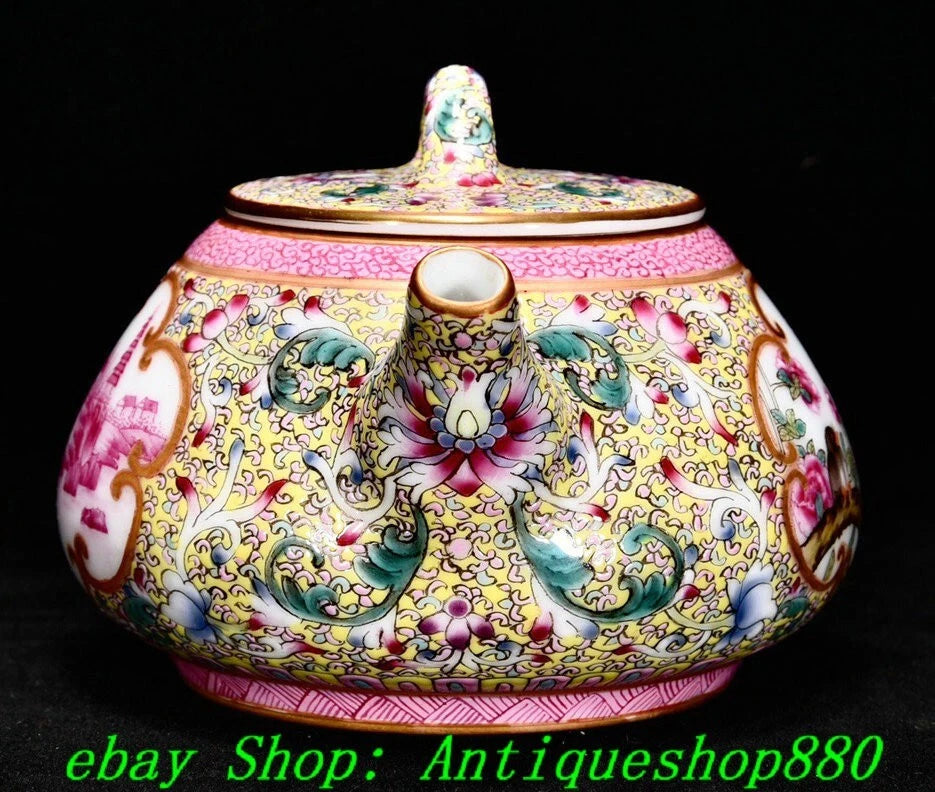 5.1"Qing Qianlong Enamel Colour Porcelain Gold Flower Bird Wine Tea Pot Flagon