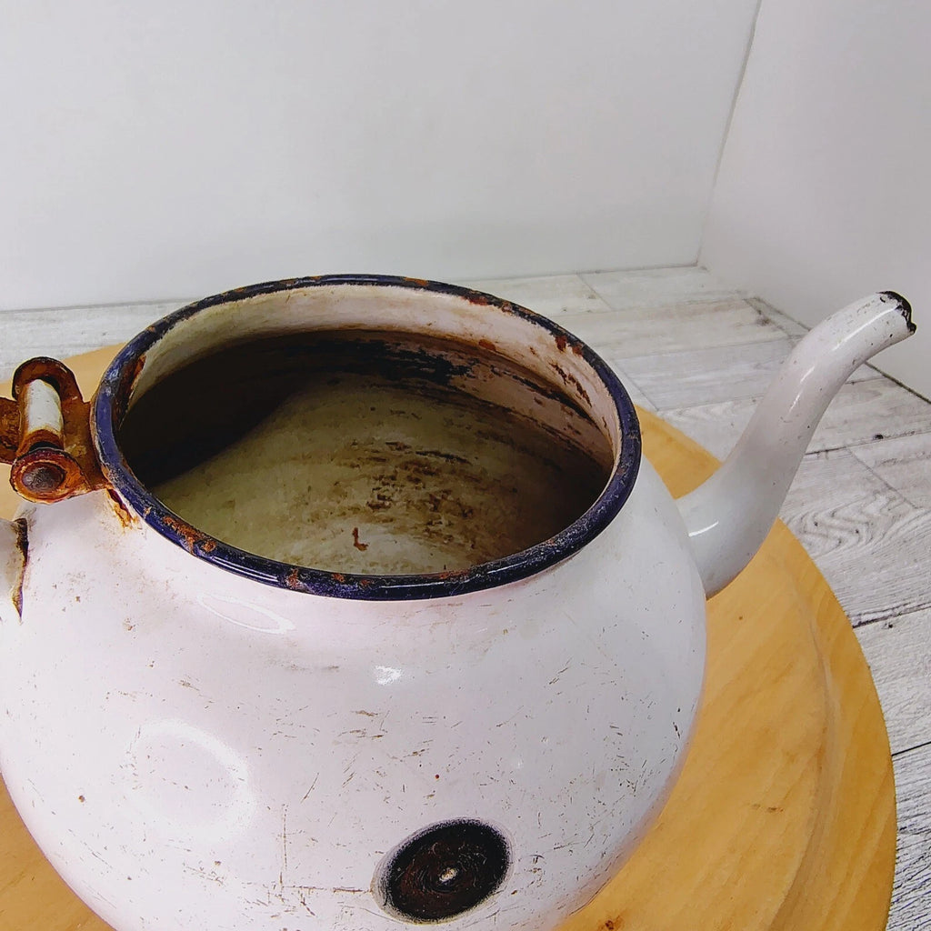 Vtg Enamelware Teapot Kettle Farmhouse Decor Rustic Kitchen White Primitive