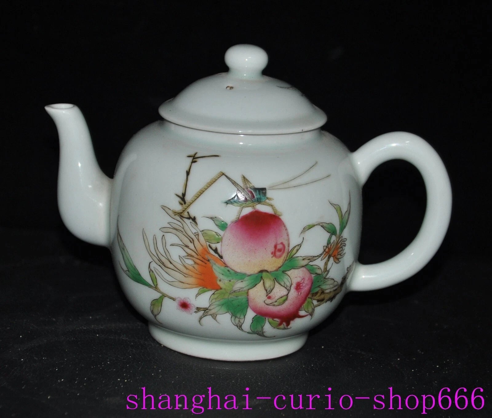 6"China Qing Yongzheng enamel porcelain shoutao Peach text Tea set Teapot statue