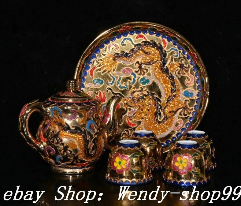DaMing Chenghua Cloisonne Enamel Wucai Porcelain Dragon Teapot Cup Plate Set