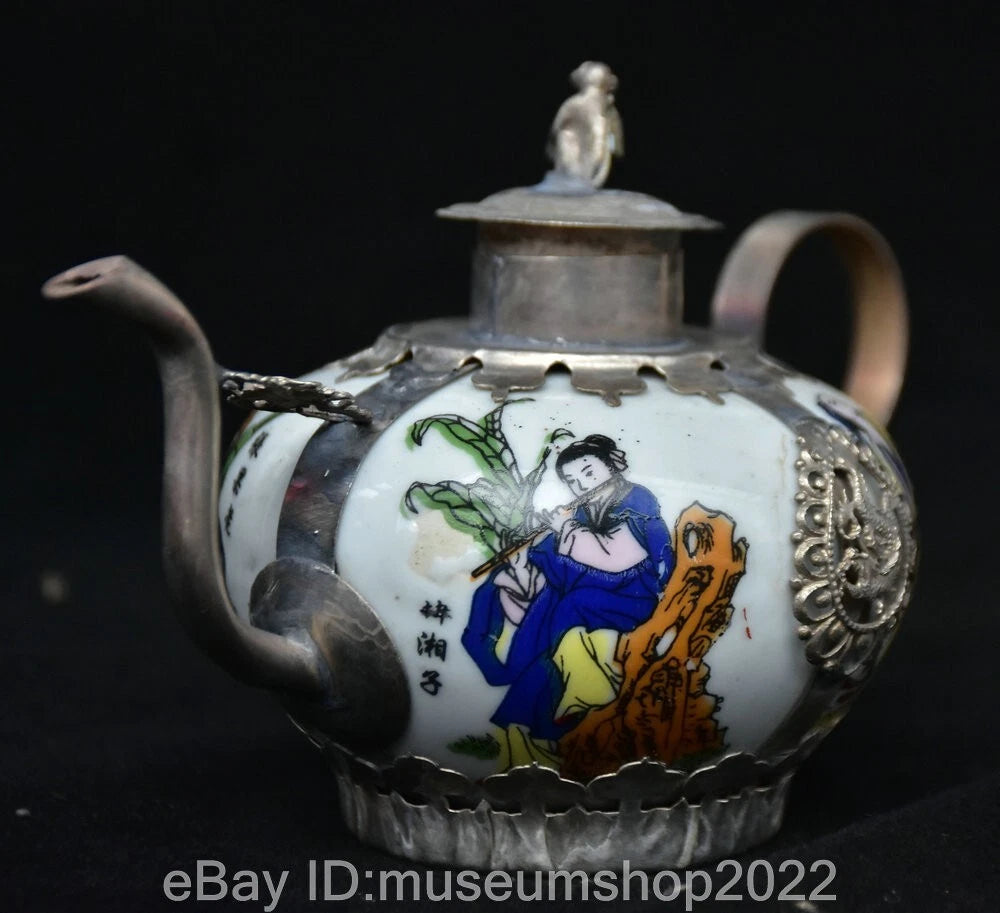 6" Old Chinese Copper Enamel Porcelain Dynasty Beauty Belle Teapot Kettle Statue
