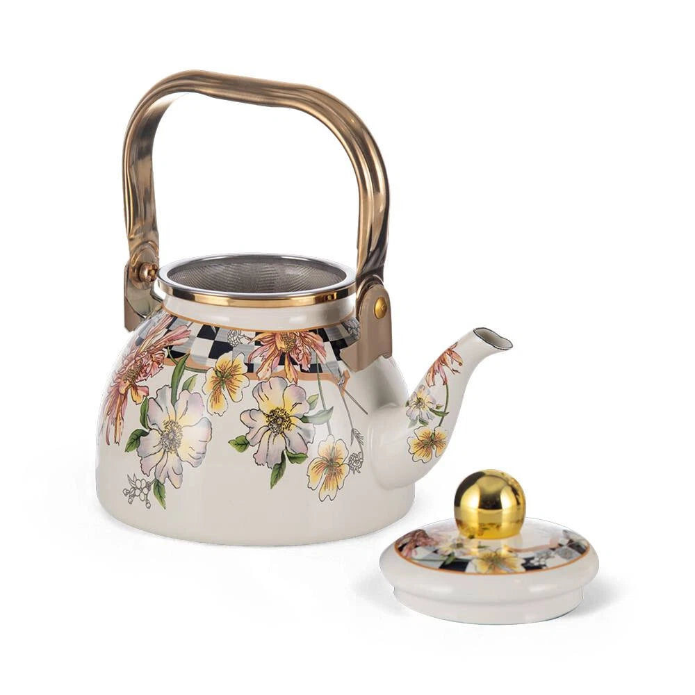 Enameled Flower Garden Tea Pot Kettle Floral Teapot with Infuser 1.2L