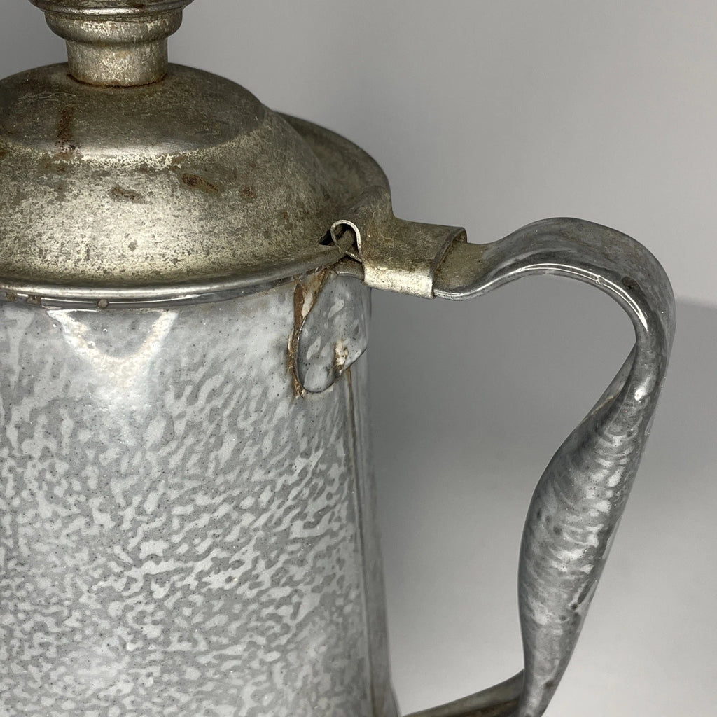 Grey Mottled Enamelware Gooseneck Hinged Coffee Tea Pot Antique Spatterware GUC