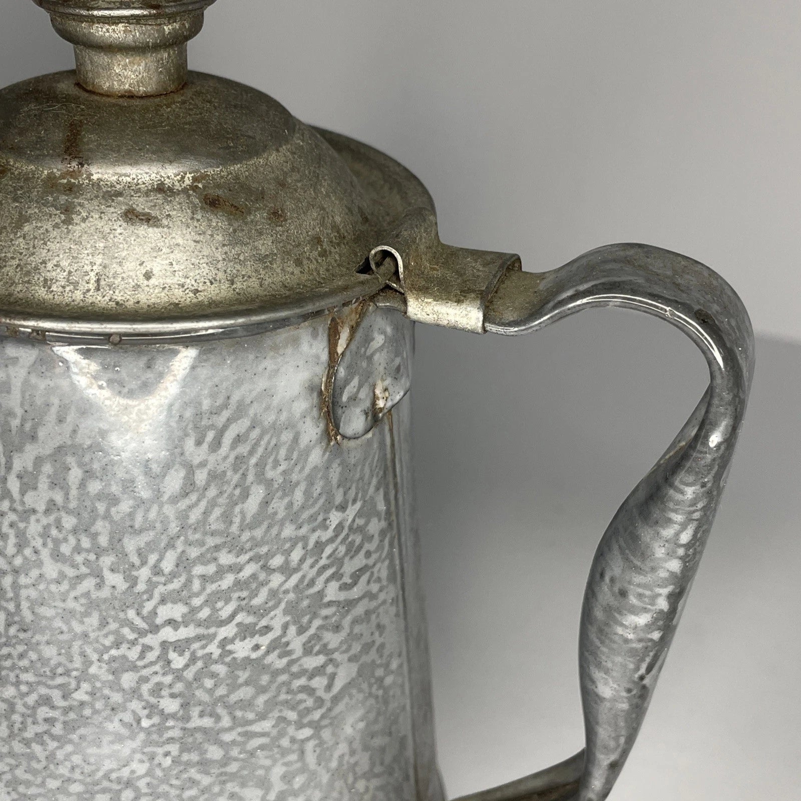 Grey Mottled Enamelware Gooseneck Hinged Coffee Tea Pot Antique Spatterware GUC