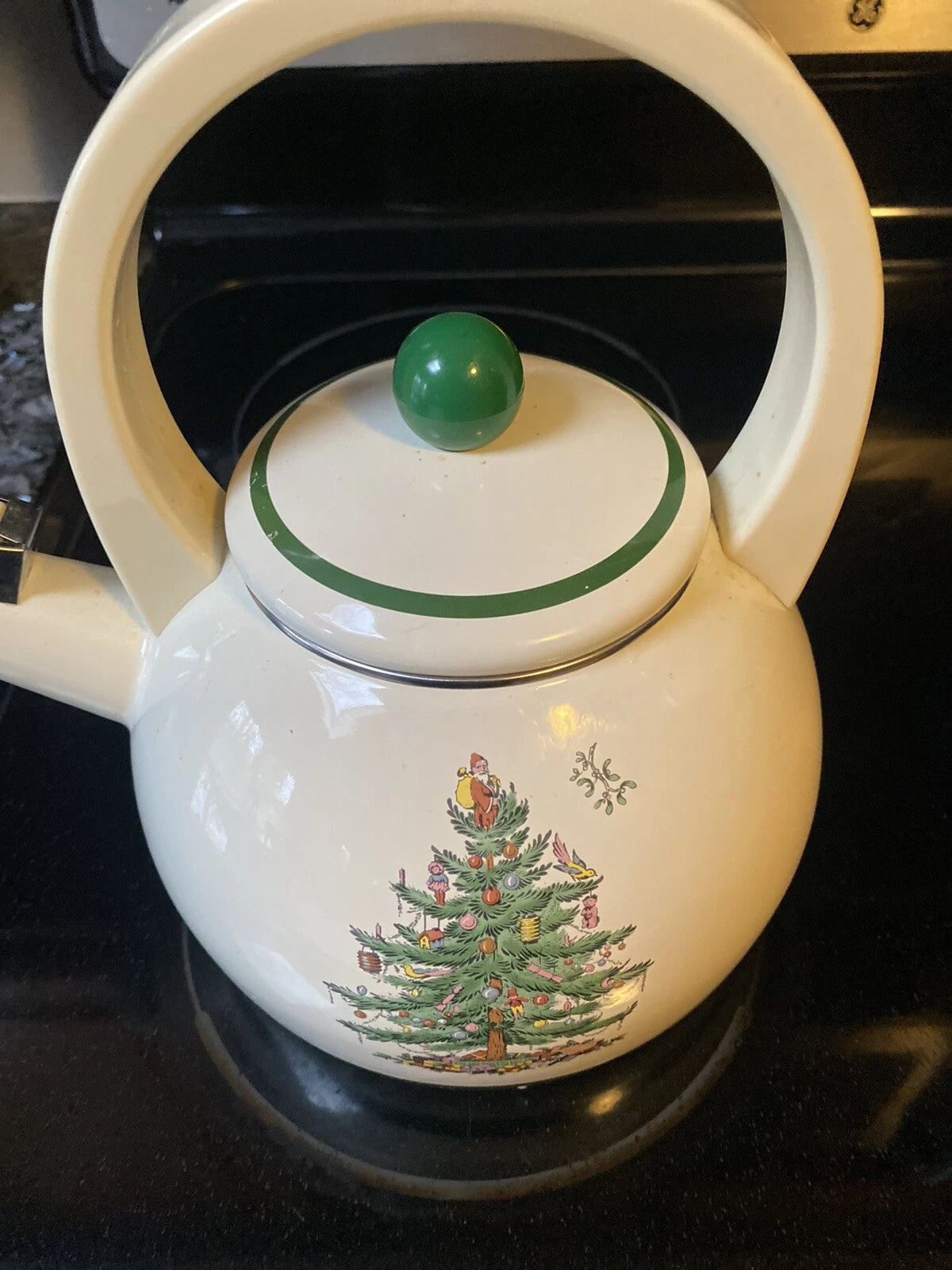 Vintage Spode Christmas Tree Whistling Tea Kettle Pot Porcelain Enamel 2.2 Quart