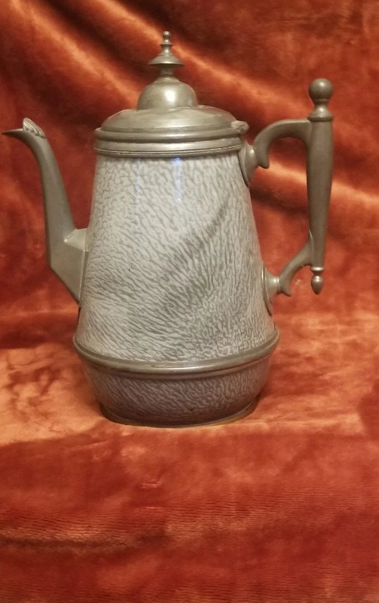 Early (1890 - 1905) Pewter-Trimmed Grey Graniteware Teapot - Enamel Ware Antique