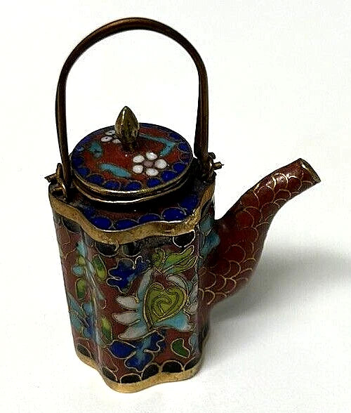 Vintage CHINESE CLOISONNE Brass and Enamel BROWN Miniature TEAPOT Floral Lid
