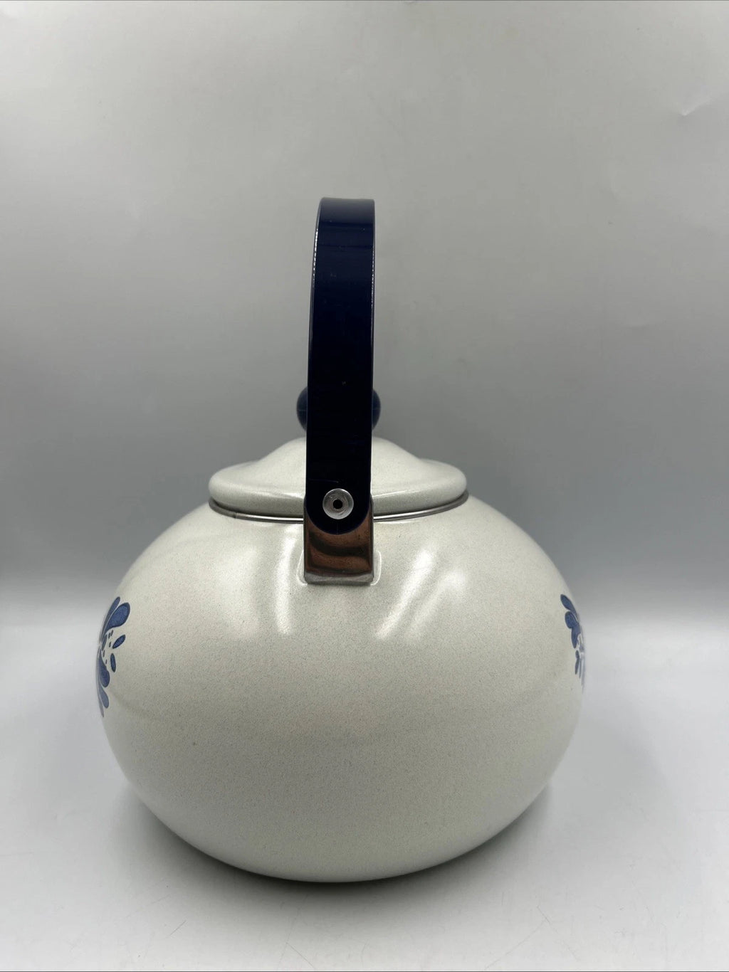 Vintage Pfaltzgraff Yorktowne Porcelain Enamel Tea Kettle with Blue Metal Handle