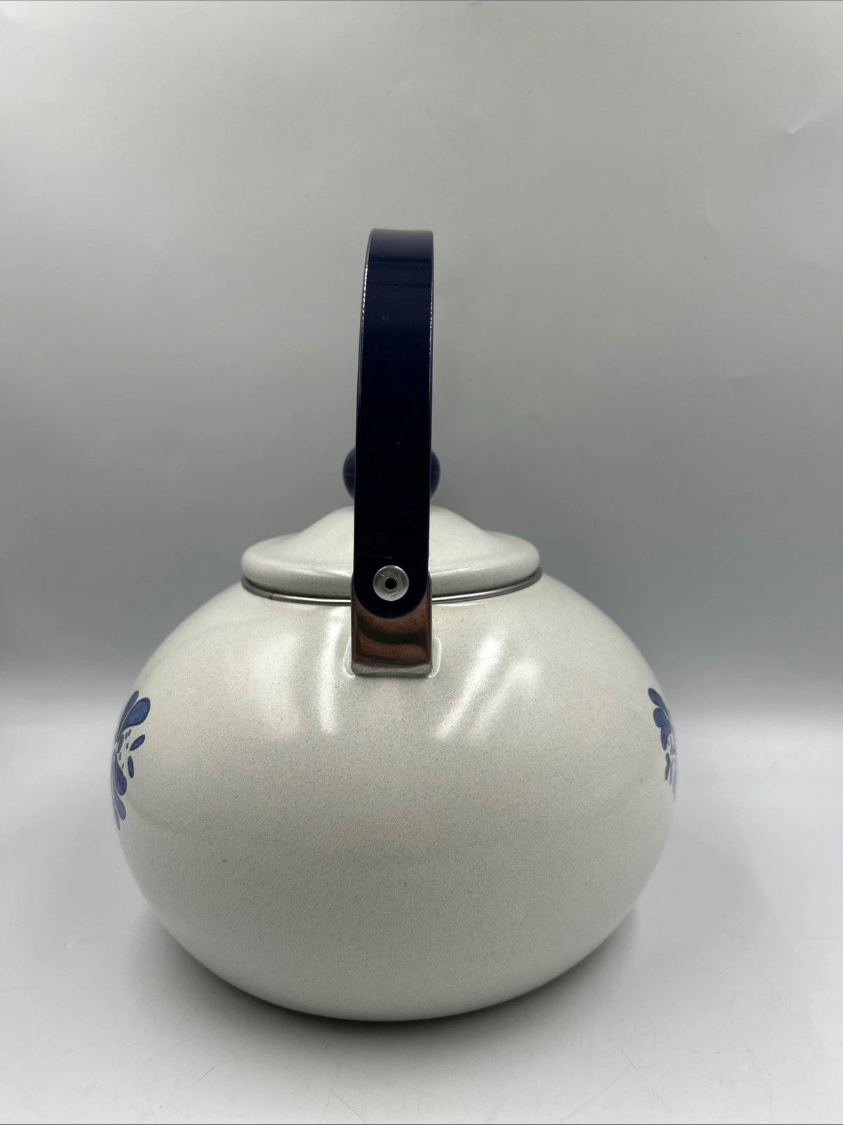 Vintage Pfaltzgraff Yorktowne Porcelain Enamel Tea Kettle with Blue Metal Handle