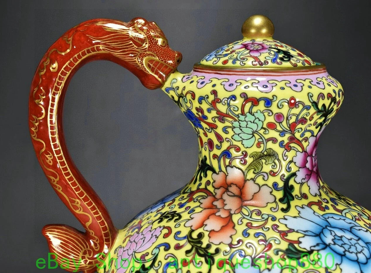 10.6" Yongzheng Enamel Colour Porcelain Gold Dragon Head Wine Tea Pot Flagon