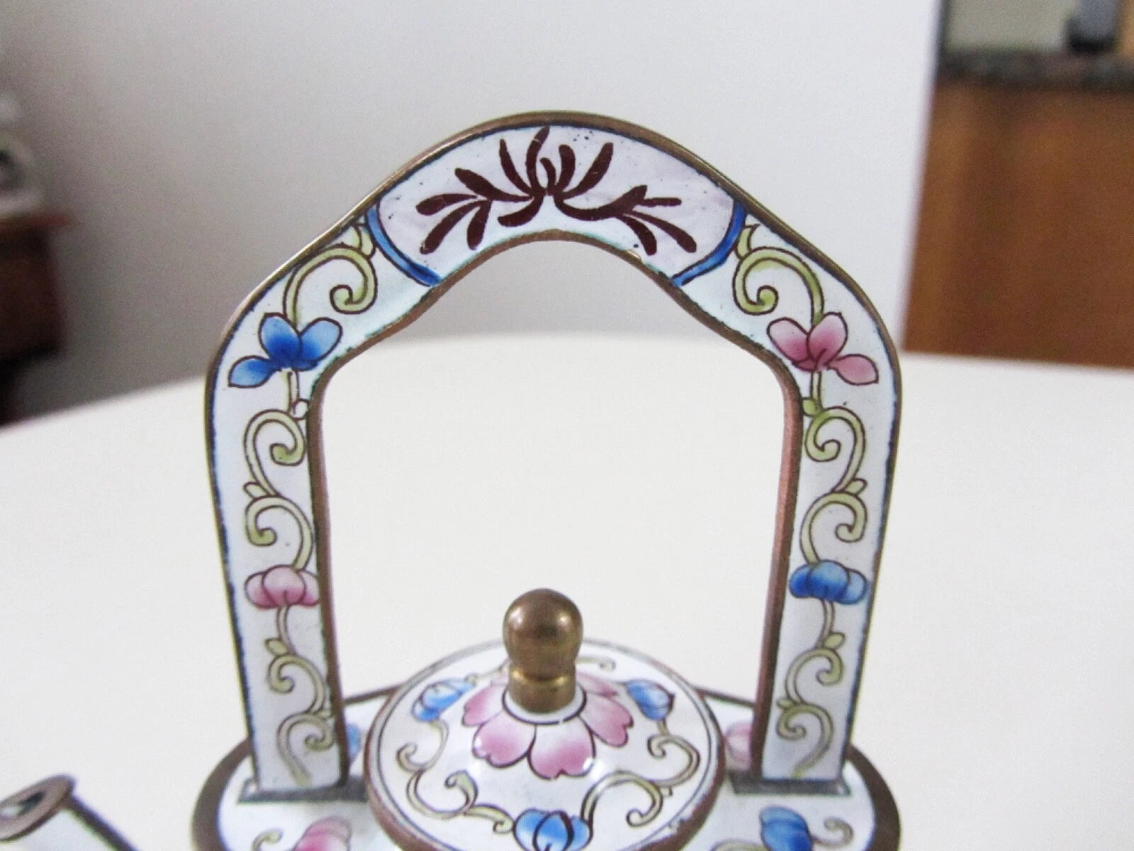 Kelvin Chen Enamel Miniature Teapot No. 868 Floral Roses Tall Handle
