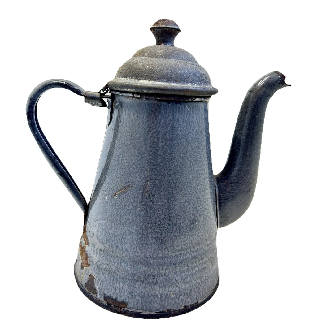 ANTIQUE Grey Enamel Graniteware TEA POT  8 1/2” Tall Goose Neck Spout