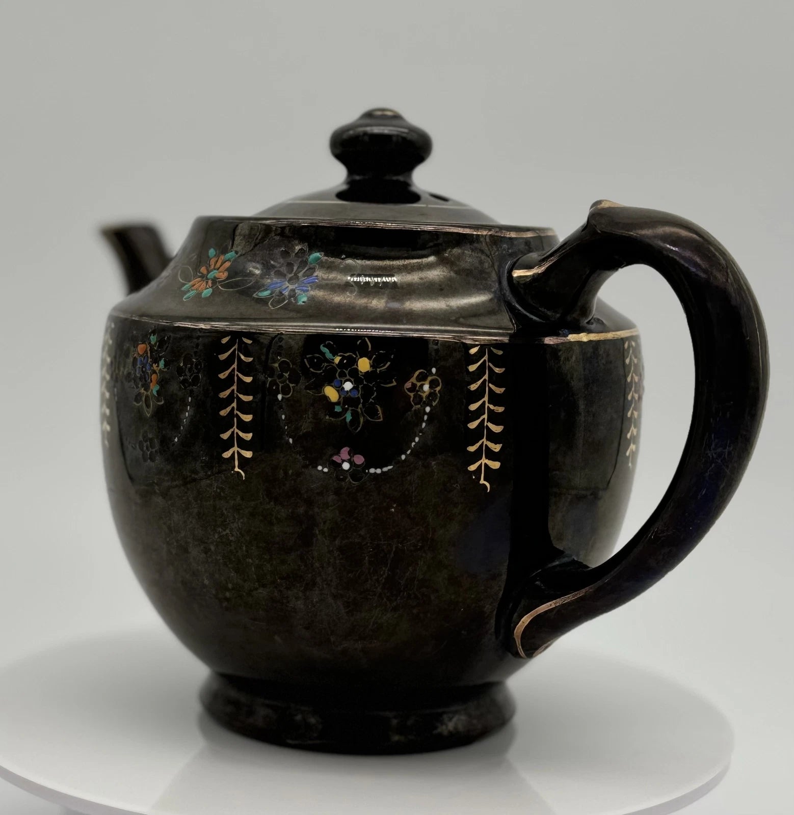 Vintage Dark Brown Teapot with Floral Enamel Design and Lid