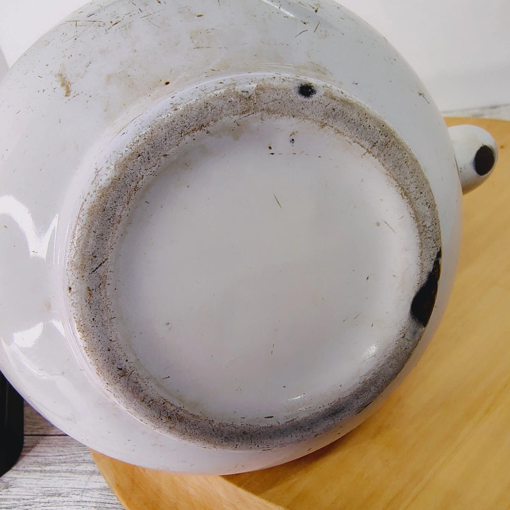Vtg Enamelware Teapot Kettle Farmhouse Decor Rustic Kitchen White Primitive