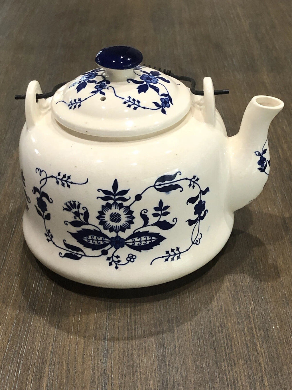 Vntg Japan Blue Onion Porcelain Enamel Ware Teakettle W/Wire Metal HandleVGUC