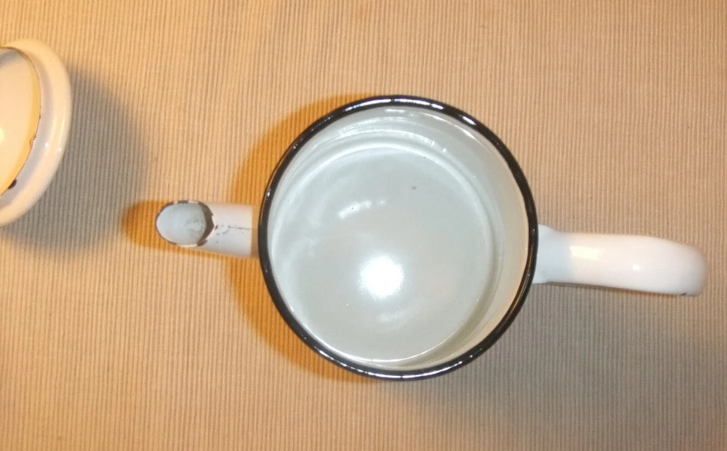 ANTIQUE SCREEN PRINTED PORCELAIN ENAMEL COFFEE MAKER OR TEAPOT