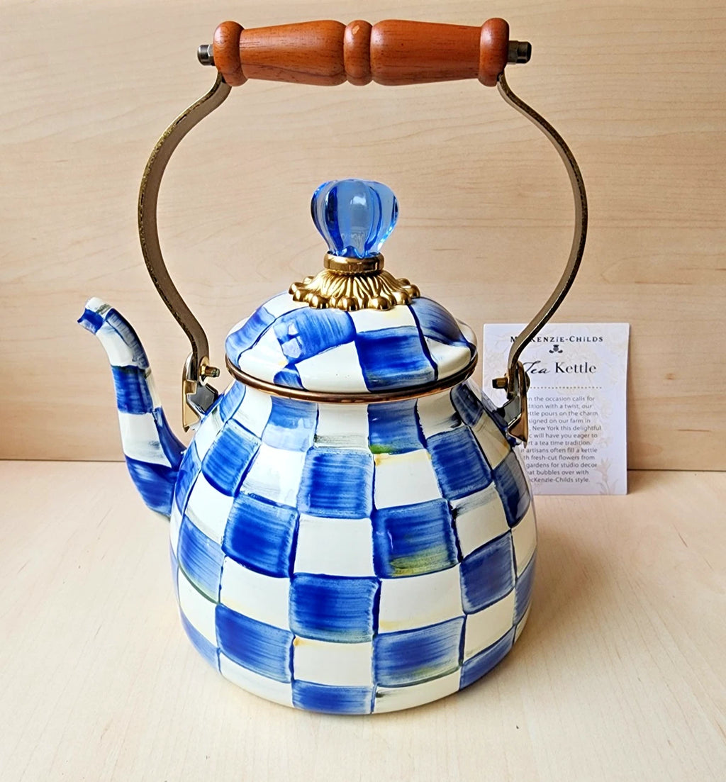 💙 Mackenzie Childs Blue Royal Check Enamel Tea Kettle Teapot - New