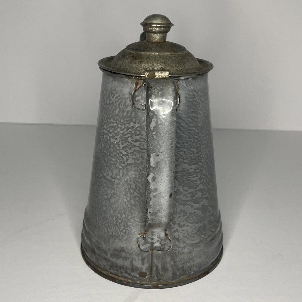 Grey Mottled Enamelware Gooseneck Hinged Coffee Tea Pot Antique Spatterware GUC