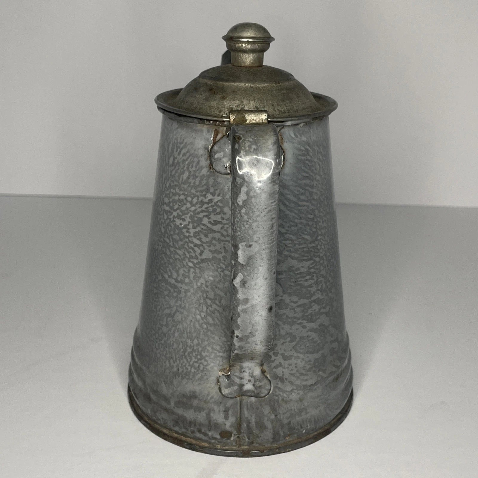 Grey Mottled Enamelware Gooseneck Hinged Coffee Tea Pot Antique Spatterware GUC