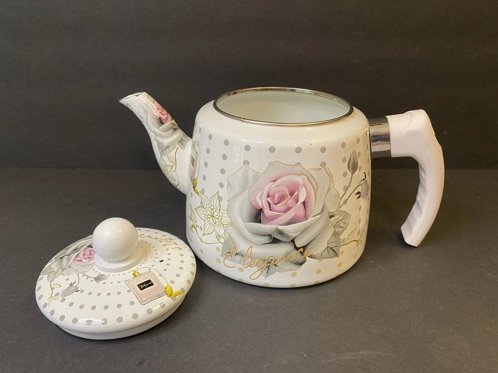 Elegance Enamel Kettle Teapot Handle Pink Rose Perfume Pattern
