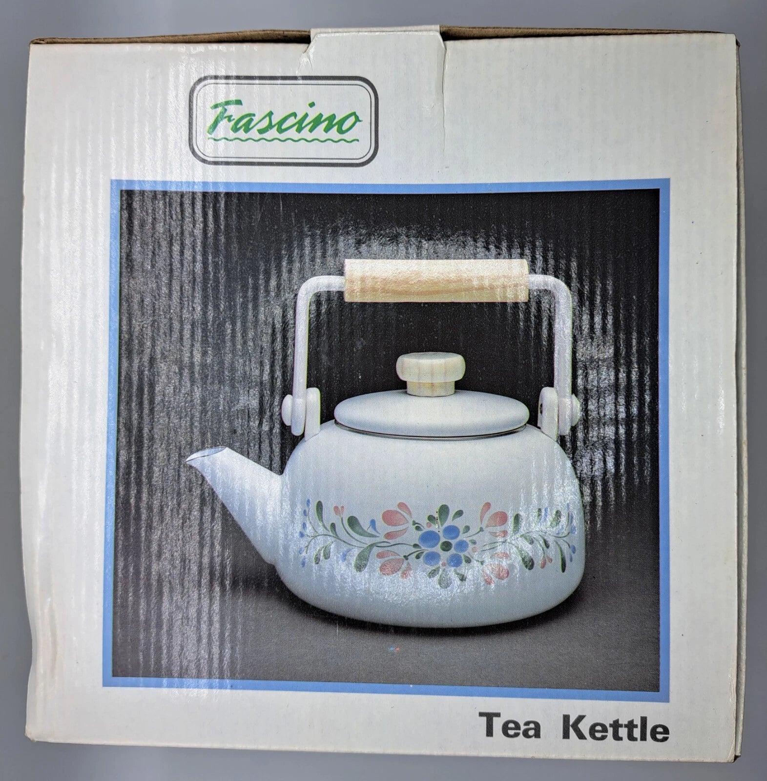 Vintage Unused Fascino Metal Enamel Stovetop Tea Kettle White/Floral