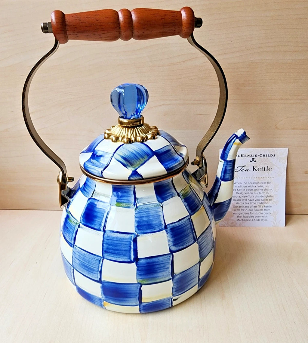 💙 Mackenzie Childs Blue Royal Check Enamel Tea Kettle Teapot - New