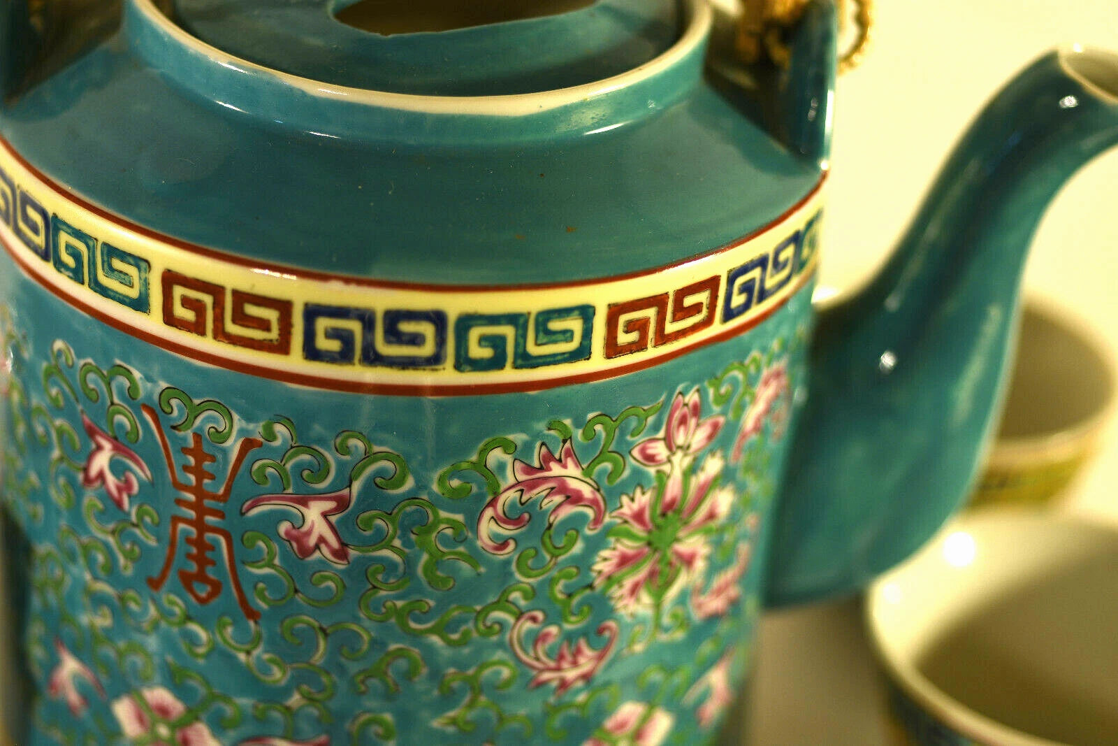 Antique Porcelain Teaset: Famille Rose Lotus: Enameled : Teal : China : 1975