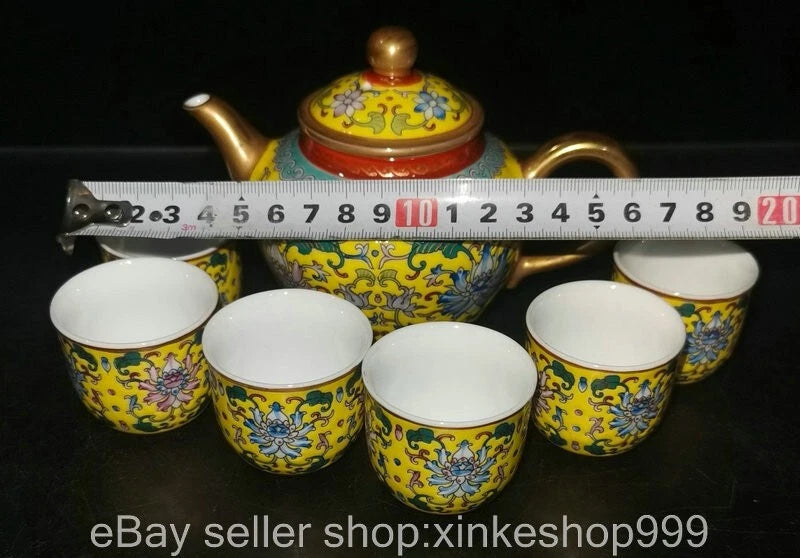 8" Old Chinese Qing dynasty Enamel Porcelain Gilt flower Tea pot Cup set