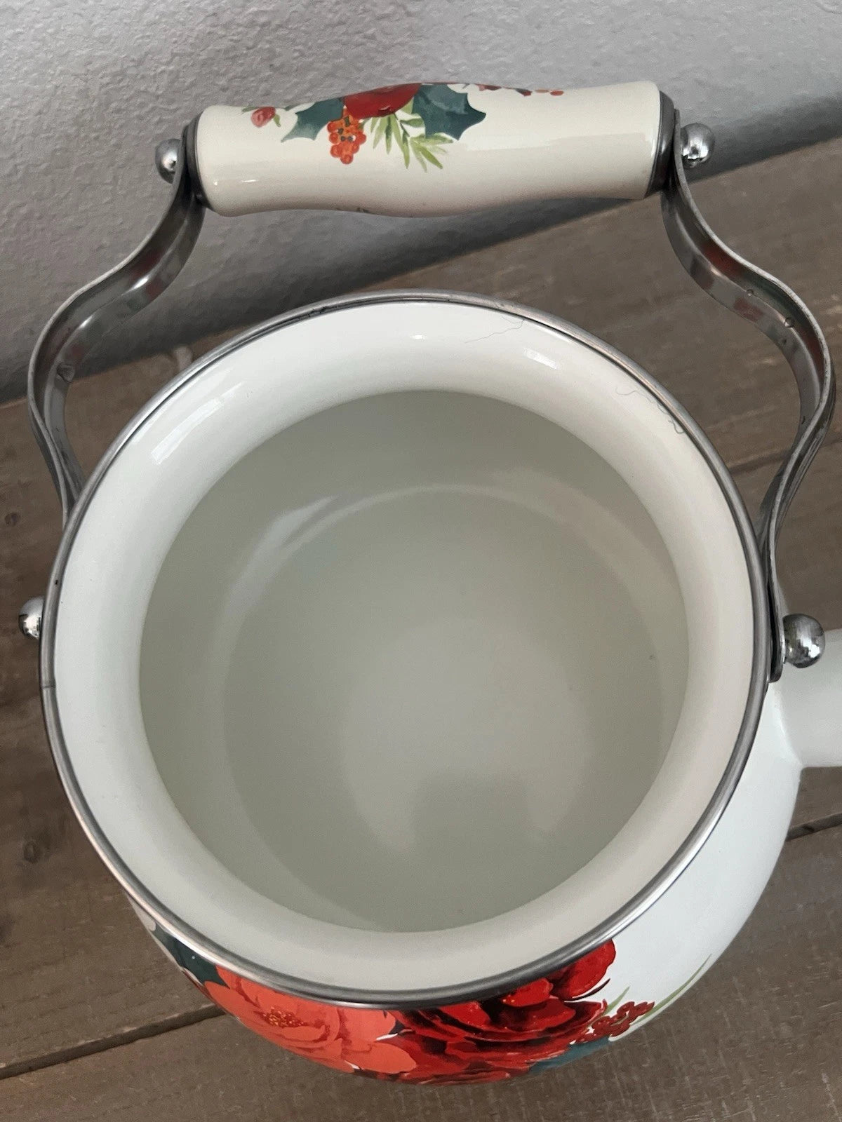 Pioneer Woman Floral Enamel Teapot Tea Kettle In White Cheerful Rose