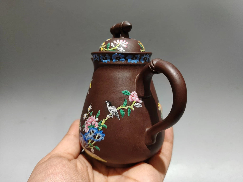 Yixing Teapot Handmade Bird Flower Enamel Traditional Art
