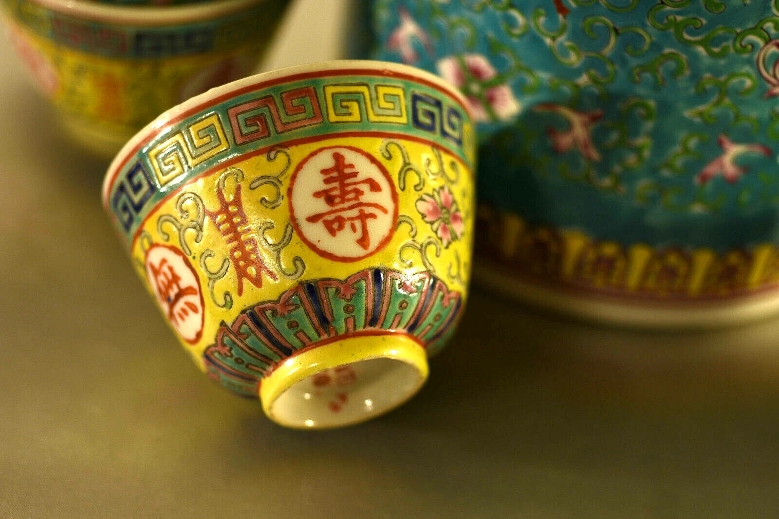 Antique Porcelain Teaset: Famille Rose Lotus: Enameled : Teal : China : 1975