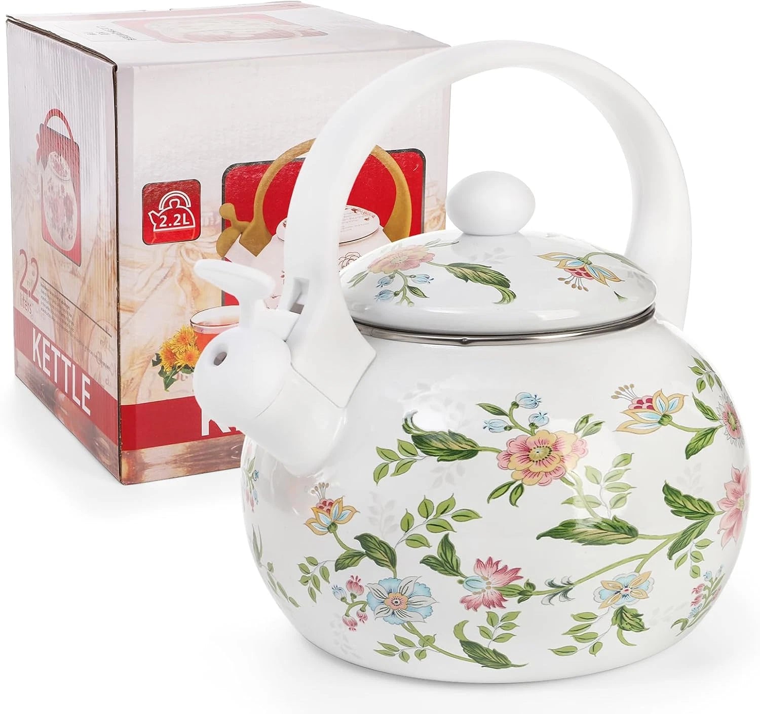 2.3 Quart Vintage Enamel Tea Kettle Whistling Tea Kettle for Stove Top Floral