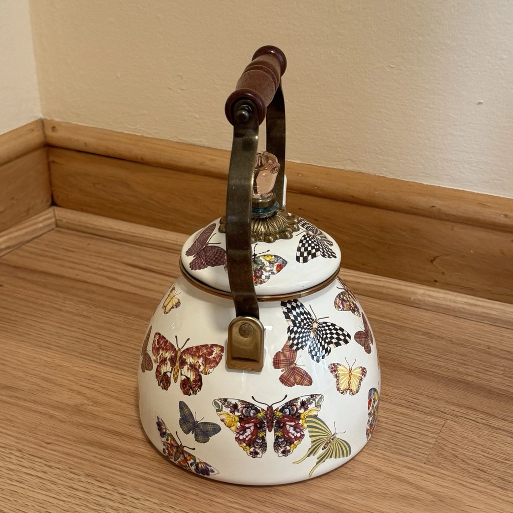 MacKenzie Childs Butterfly Garden Courtly Check 3 qt Enamel Teapot Tea Kettle