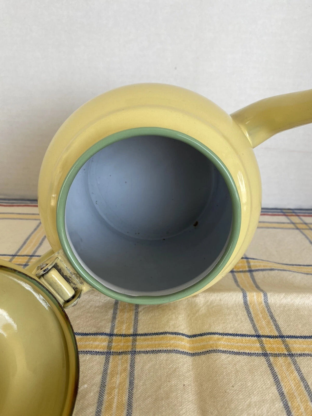 Vintage Yellow Enamelware Tea Pot With Hinged Lid