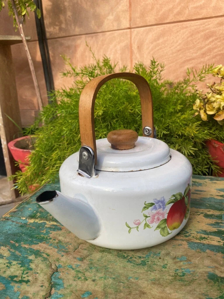 Vintage Old Enamel Porcelain Apple Grapes Print Wooden Handle Teapot Kettle