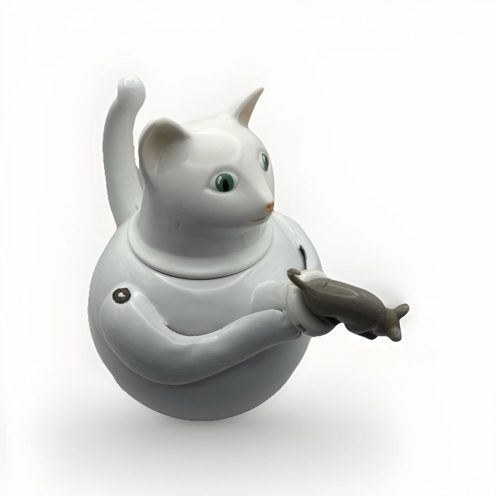 White Cat and Gray Mouse Enamelware Tea Kettle Cute Decoration Vintage