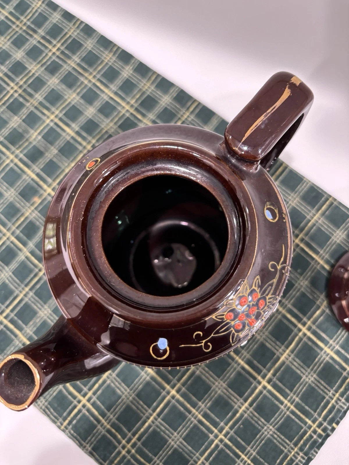 Brown Betty Redware Teapot Occupied Japan Moriage Enamel Hand Painted Vintage
