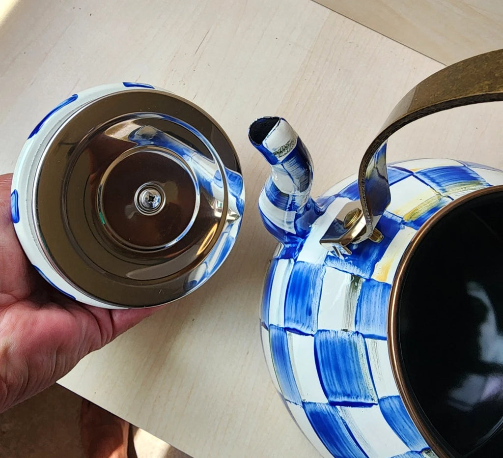 💙 Mackenzie Childs Blue Royal Check Enamel Tea Kettle Teapot - New