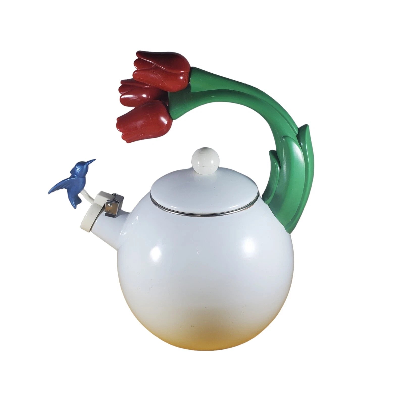 Vintage Teapot Ancona Hummingbird Tulips Kettle White w Red Green Blue Tea Pot