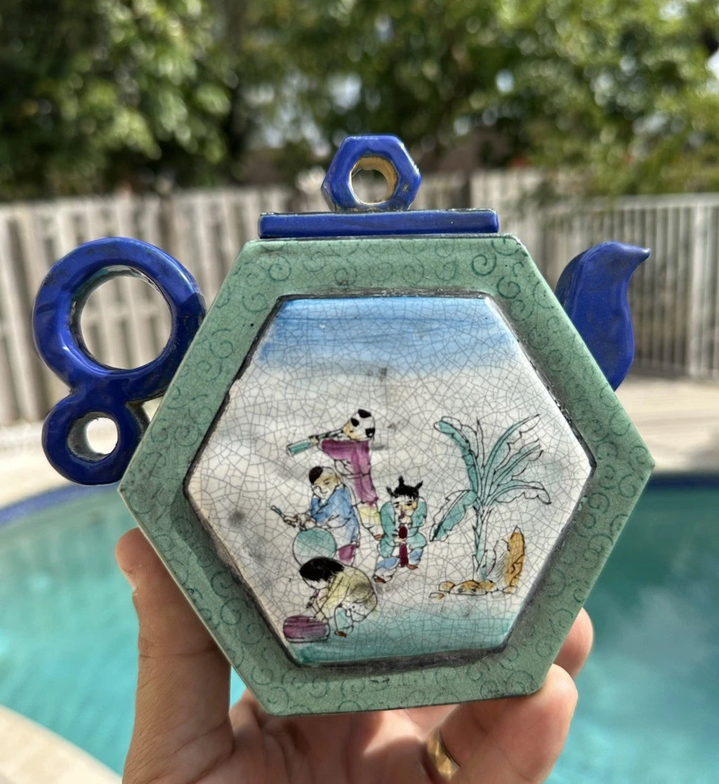 Chinese Enameled Yixing Pottery Teapot With Figures And Seal Mark
