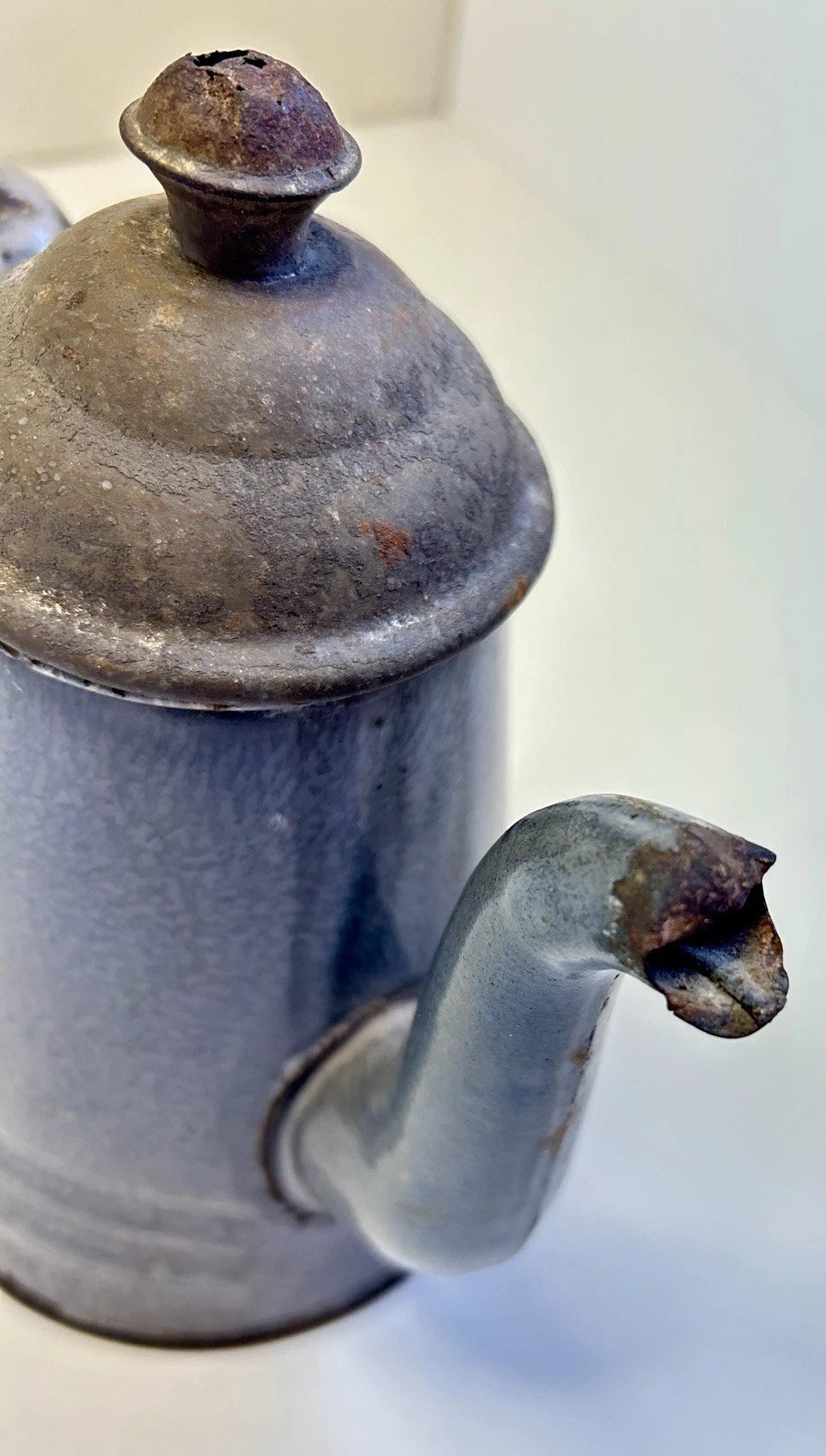ANTIQUE Grey Enamel Graniteware TEA POT  8 1/2” Tall Goose Neck Spout