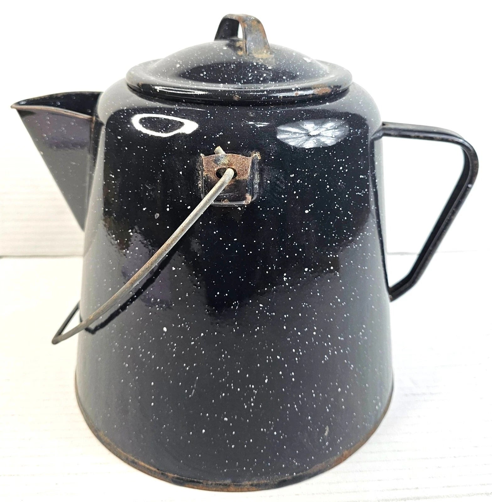 Vintage Black Enamelware Coffee Pot With Speckled Design Lid Camping Tea Kettle