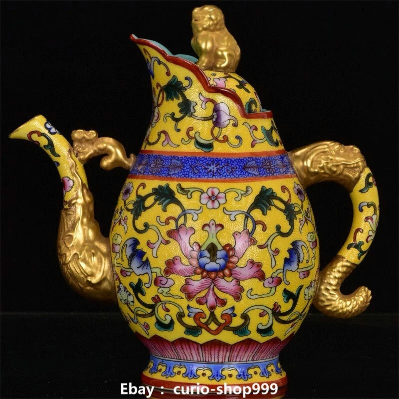 8" Qianlong Enamel Colour Porcelain Gilt Flower Beast Head Wine Tea Pot Flagon