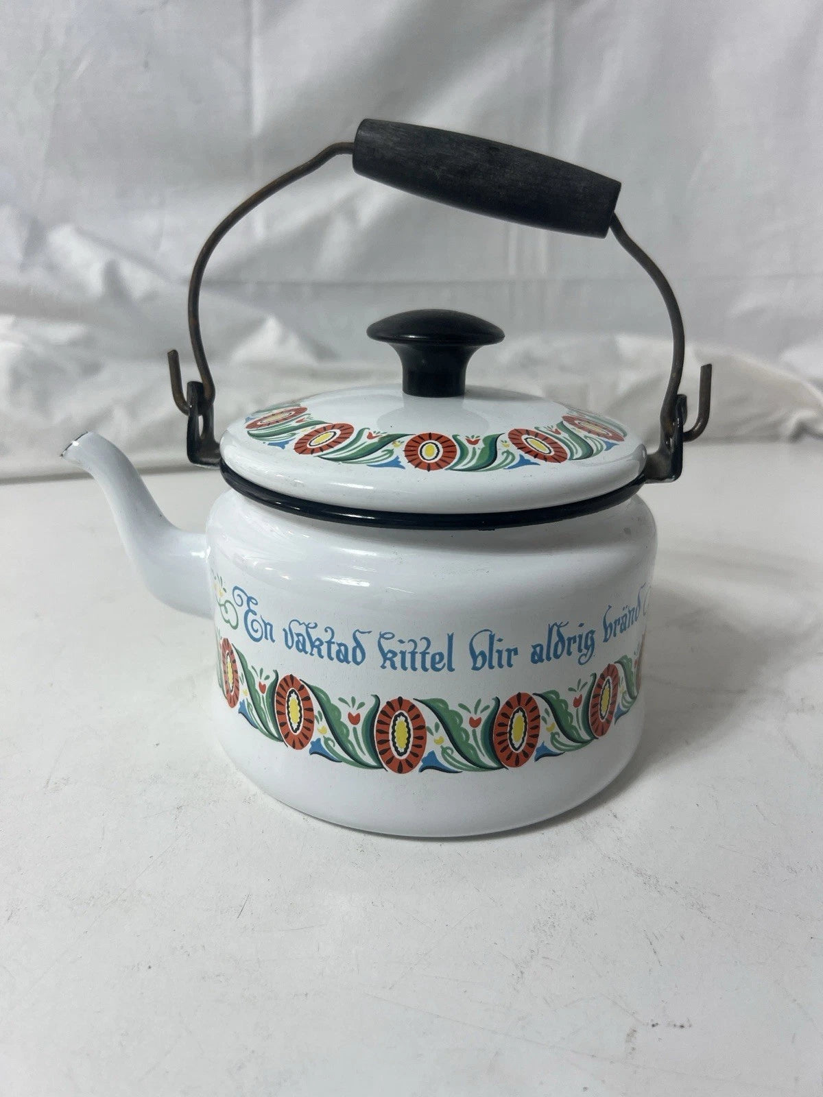 Swedish Folk ArtVINTAGE ENAMEL TEAPOT KETTLE ENAMELWARE script