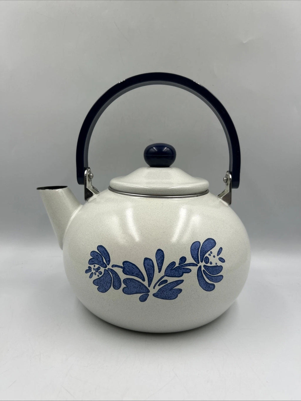 Vintage Pfaltzgraff Yorktowne Porcelain Enamel Tea Kettle with Blue Metal Handle